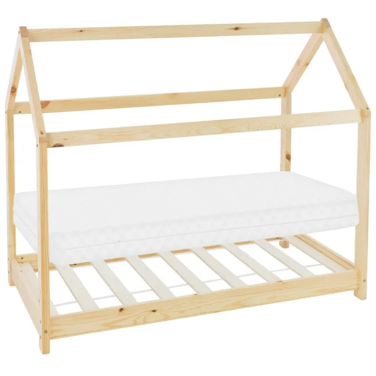 Kinderbett Hausbett 80x160 cm aus Kiefernholz inkl. Matratze H-10cm Holzbett mit Dach und Lattenrost ML-Design