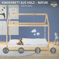 Kinderbett Hausbett 80x160 cm aus Kiefernholz inkl. Matratze H-10cm Holzbett mit Dach und Lattenrost ML-Design