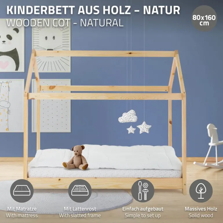 Kinderbett Hausbett 80x160 cm aus Kiefernholz inkl. Matratze H-10cm Holzbett mit Dach und Lattenrost ML-Design