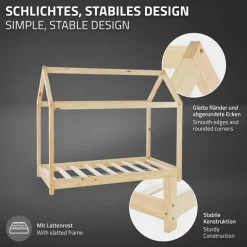 Kinderbett Hausbett 80x160 cm aus Kiefernholz inkl. Matratze H-10cm Holzbett mit Dach und Lattenrost ML-Design