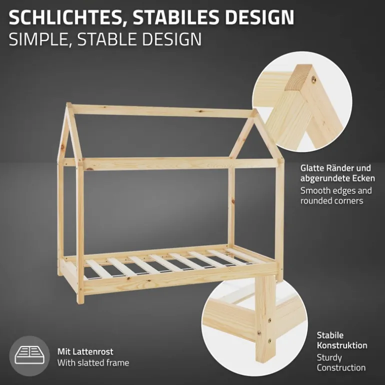 Kinderbett Hausbett 80x160 cm aus Kiefernholz inkl. Matratze H-10cm Holzbett mit Dach und Lattenrost ML-Design