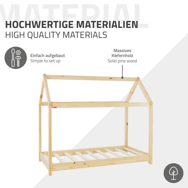 Kinderbett Hausbett 80x160 cm aus Kiefernholz inkl. Matratze H-10cm Holzbett mit Dach und Lattenrost ML-Design