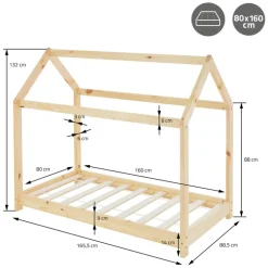 Kinderbett Hausbett 80x160 cm aus Kiefernholz inkl. Matratze H-10cm Holzbett mit Dach und Lattenrost ML-Design
