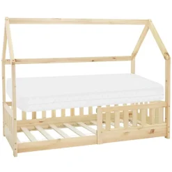 Kinderbett Hausbett 80x160 cm aus Kiefernholz inkl. Matratze H-10cm Rausfallschutz Dach und Lattenrost ML-Design