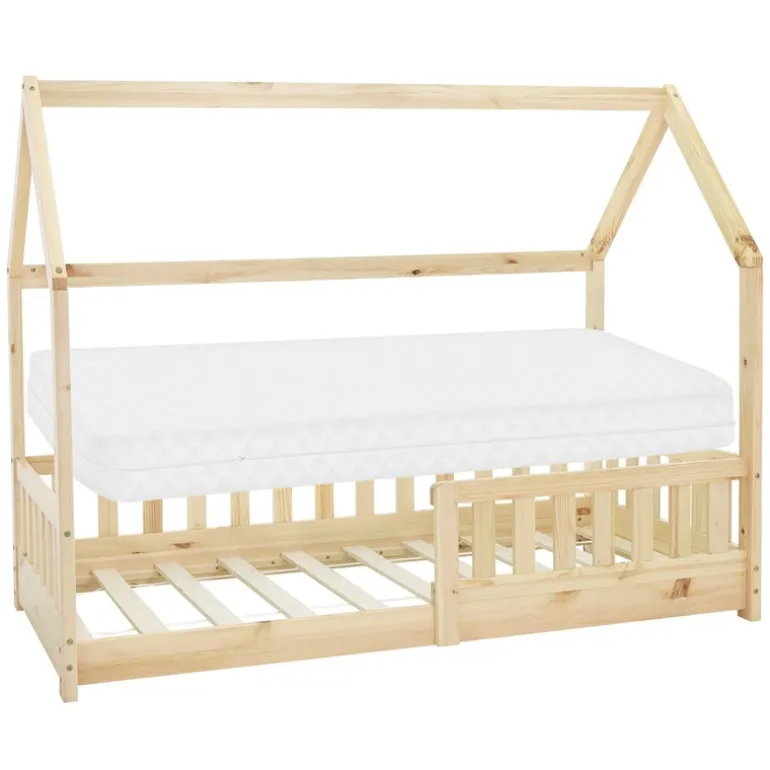 Kinderbett Hausbett 80x160 cm aus Kiefernholz inkl. Matratze H-10cm Rausfallschutz Dach und Lattenrost ML-Design
