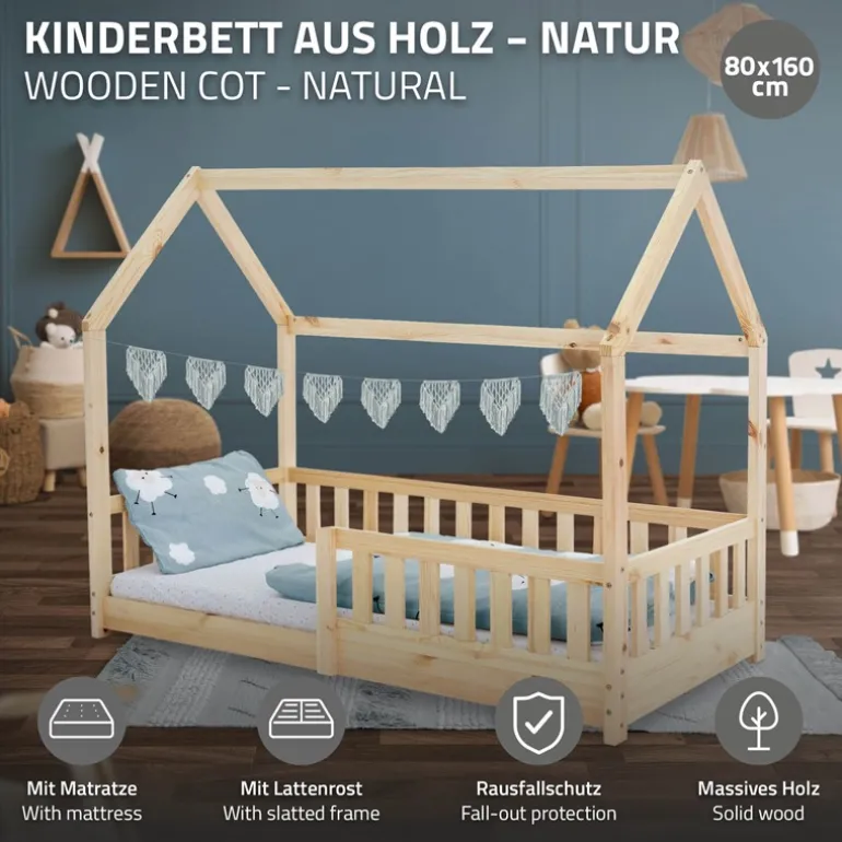 Kinderbett Hausbett 80x160 cm aus Kiefernholz inkl. Matratze H-10cm Rausfallschutz Dach und Lattenrost ML-Design