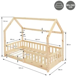 Kinderbett Hausbett 80x160 cm aus Kiefernholz inkl. Matratze H-10cm Rausfallschutz Dach und Lattenrost ML-Design