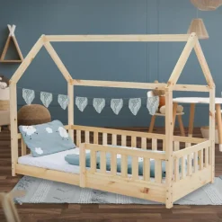 Kinderbett Hausbett 80x160 cm aus Kiefernholz mit Rausfallschutz Dach und Lattenrost Holzbett ML-Design
