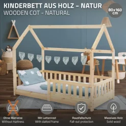 Kinderbett Hausbett 80x160 cm aus Kiefernholz mit Rausfallschutz Dach und Lattenrost Holzbett ML-Design