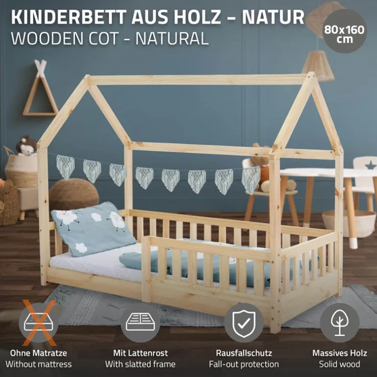 Kinderbett Hausbett 80x160 cm aus Kiefernholz mit Rausfallschutz Dach und Lattenrost Holzbett ML-Design