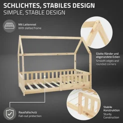 Kinderbett Hausbett 80x160 cm aus Kiefernholz mit Rausfallschutz Dach und Lattenrost Holzbett ML-Design
