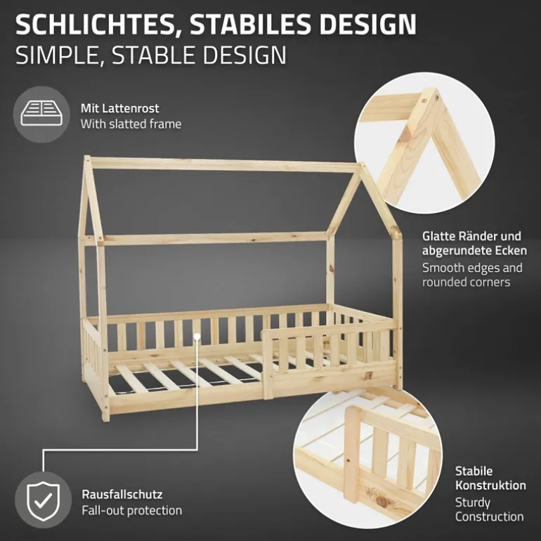 Kinderbett Hausbett 80x160 cm aus Kiefernholz mit Rausfallschutz Dach und Lattenrost Holzbett ML-Design
