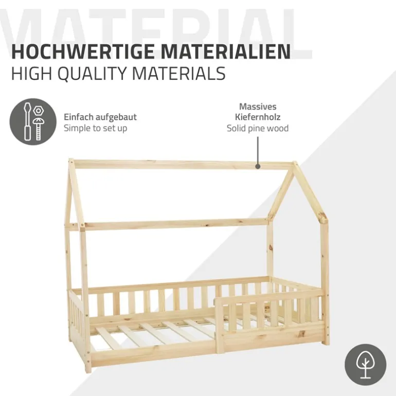 Kinderbett Hausbett 80x160 cm aus Kiefernholz mit Rausfallschutz Dach und Lattenrost Holzbett ML-Design