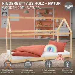 Kinderbett Hausbett 90x200 cm aus Kiefernholz Holzbett mit Dach und Lattenrost ML-Design