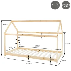 Kinderbett Hausbett 90x200 cm aus Kiefernholz Holzbett mit Dach und Lattenrost ML-Design