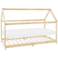 Kinderbett Hausbett 90x200 cm aus Kiefernholz inkl. Matratze H-10cm Holzbett mit Dach und Lattenrost ML-Design