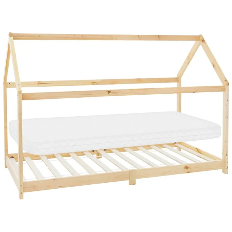 Kinderbett Hausbett 90x200 cm aus Kiefernholz inkl. Matratze H-10cm Holzbett mit Dach und Lattenrost ML-Design