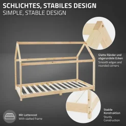 Kinderbett Hausbett 90x200 cm aus Kiefernholz inkl. Matratze H-10cm Holzbett mit Dach und Lattenrost ML-Design