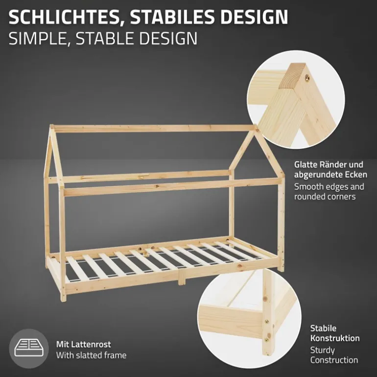 Kinderbett Hausbett 90x200 cm aus Kiefernholz inkl. Matratze H-10cm Holzbett mit Dach und Lattenrost ML-Design