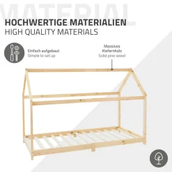 Kinderbett Hausbett 90x200 cm aus Kiefernholz inkl. Matratze H-10cm Holzbett mit Dach und Lattenrost ML-Design