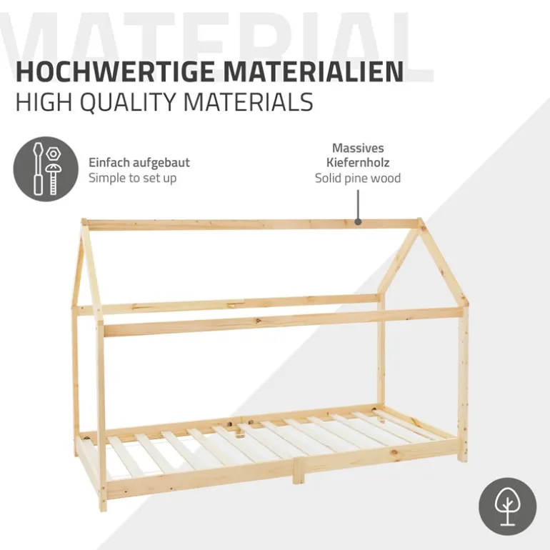 Kinderbett Hausbett 90x200 cm aus Kiefernholz inkl. Matratze H-10cm Holzbett mit Dach und Lattenrost ML-Design
