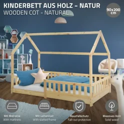 Kinderbett Hausbett 90x200 cm aus Kiefernholz inkl. Matratze H-10cm Rausfallschutz Dach und Lattenrost ML-Design