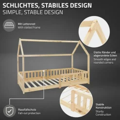 Kinderbett Hausbett 90x200 cm aus Kiefernholz inkl. Matratze H-10cm Rausfallschutz Dach und Lattenrost ML-Design
