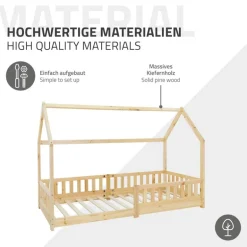 Kinderbett Hausbett 90x200 cm aus Kiefernholz inkl. Matratze H-10cm Rausfallschutz Dach und Lattenrost ML-Design