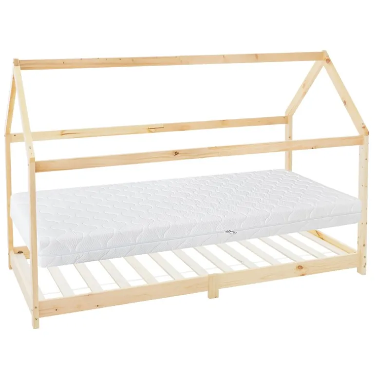 Kinderbett Hausbett 90x200 cm aus Kiefernholz inkl. Matratze H-16cm Holzbett mit Dach und Lattenrost ML-Design