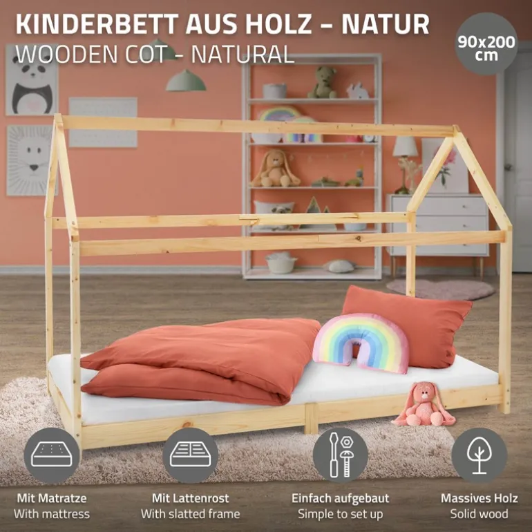 Kinderbett Hausbett 90x200 cm aus Kiefernholz inkl. Matratze H-16cm Holzbett mit Dach und Lattenrost ML-Design
