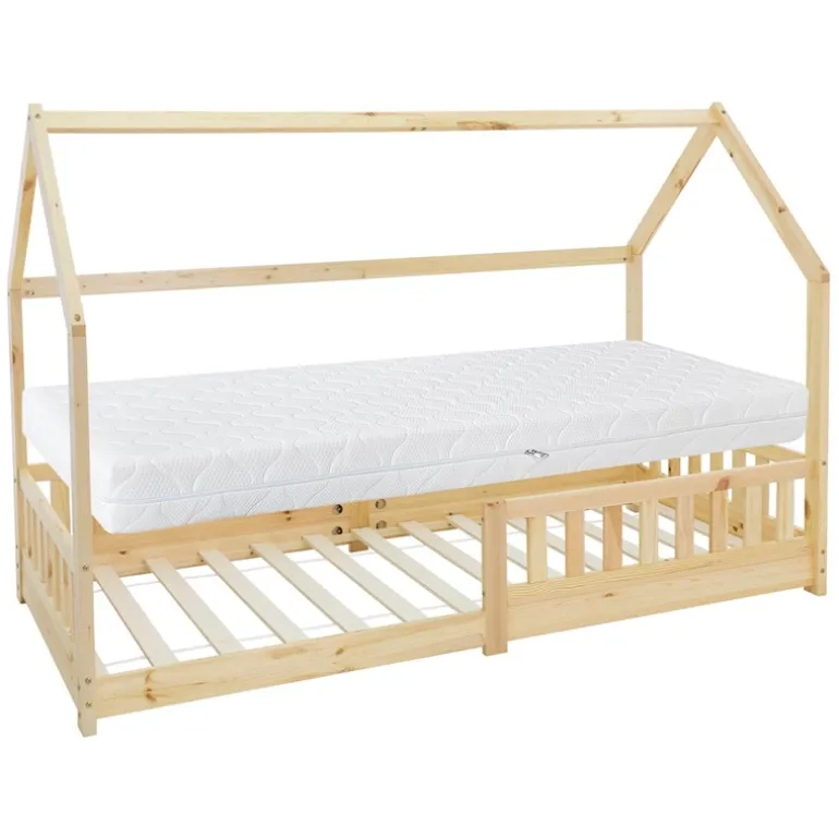 Kinderbett Hausbett 90x200 cm aus Kiefernholz inkl. Matratze H-16cm Rausfallschutz Dach und Lattenrost ML-Design