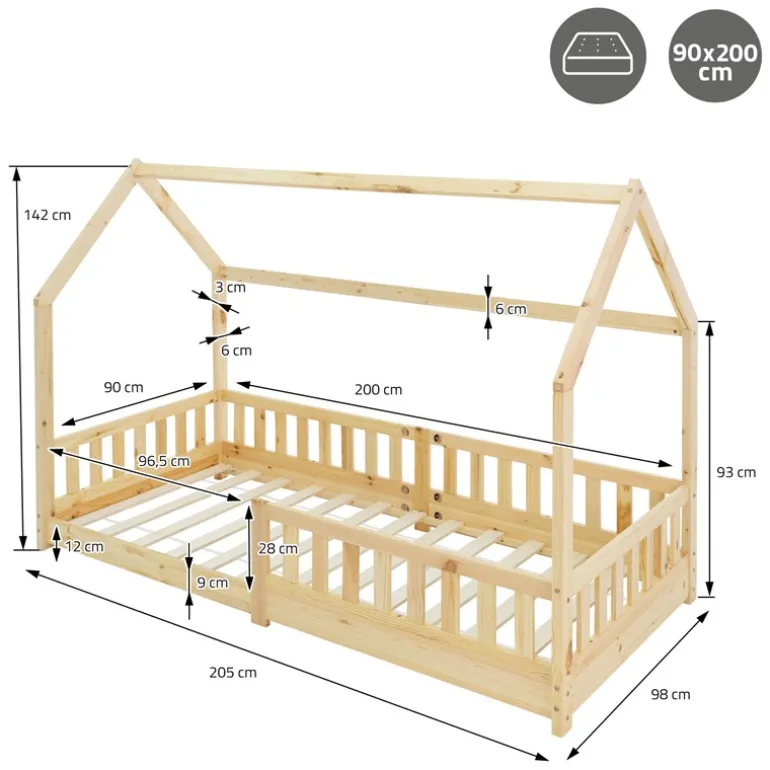 Kinderbett Hausbett 90x200 cm aus Kiefernholz inkl. Matratze H-16cm Rausfallschutz Dach und Lattenrost ML-Design