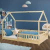 Kinderbett Hausbett 90x200 cm aus Kiefernholz mit Rausfallschutz Dach und Lattenrost Holzbett ML-Design
