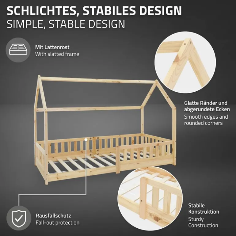 Kinderbett Hausbett 90x200 cm aus Kiefernholz mit Rausfallschutz Dach und Lattenrost Holzbett ML-Design