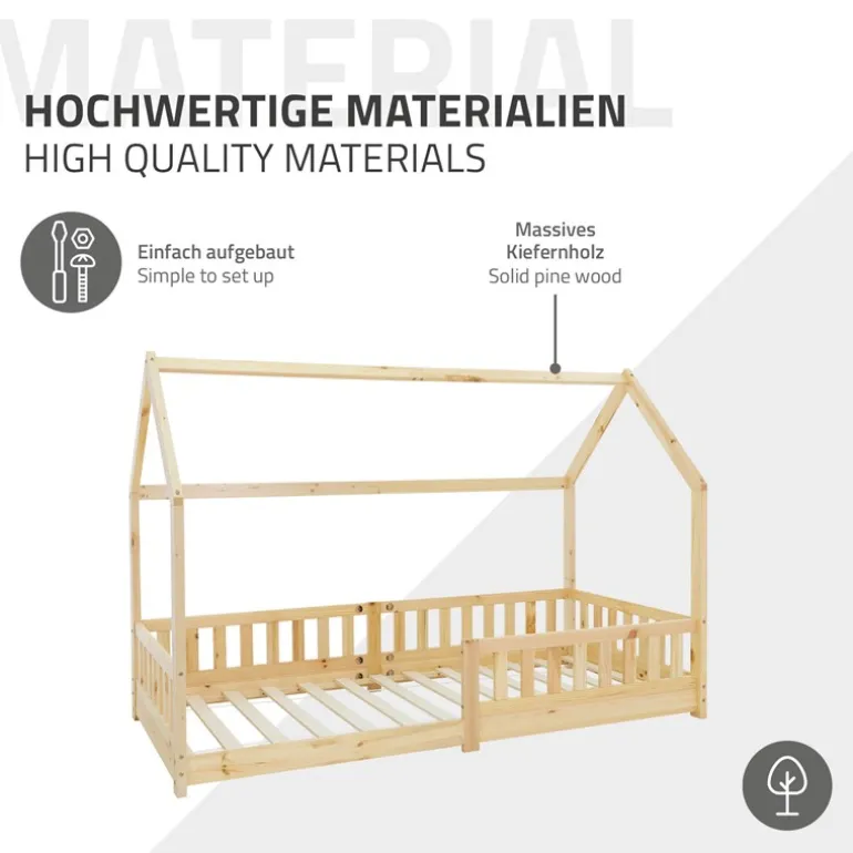 Kinderbett Hausbett 90x200 cm aus Kiefernholz mit Rausfallschutz Dach und Lattenrost Holzbett ML-Design