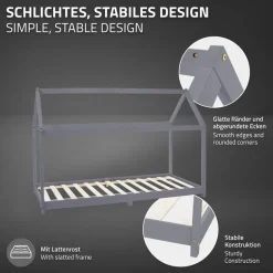 Kinderbett Hausbett 90x200 cm Hellgrau aus Kiefernholz inkl. Matratze H-16cm Holzbett mit Dach und Lattenrost ML-Design