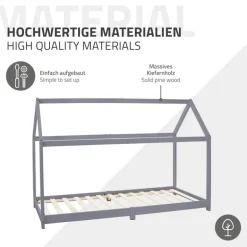 Kinderbett Hausbett 90x200 cm Hellgrau aus Kiefernholz inkl. Matratze H-16cm Holzbett mit Dach und Lattenrost ML-Design