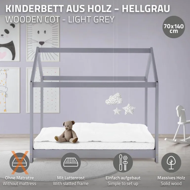 Kinderbett Hausbett 70x140 cm Hellgrau aus Kiefernholz Holzbett mit Dach und Lattenrost ML-Design