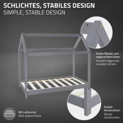 Kinderbett Hausbett 70x140 cm Hellgrau aus Kiefernholz Holzbett mit Dach und Lattenrost ML-Design