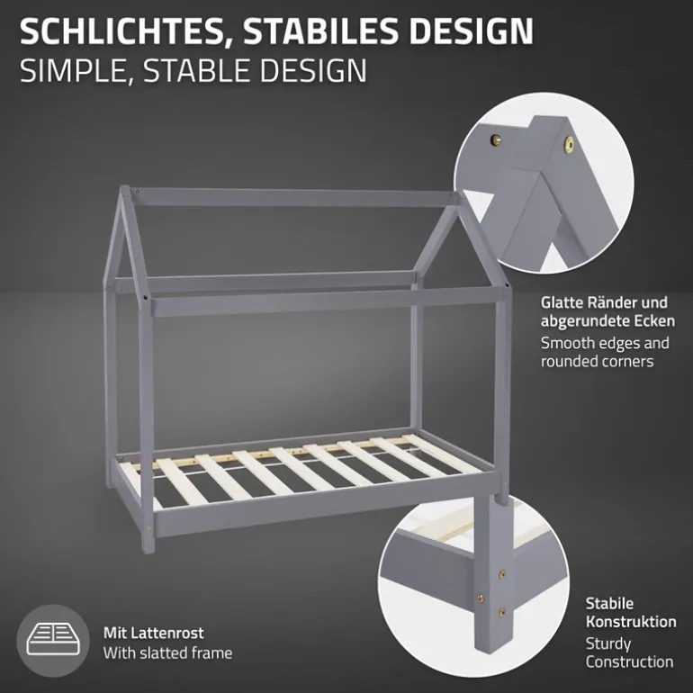 Kinderbett Hausbett 70x140 cm Hellgrau aus Kiefernholz Holzbett mit Dach und Lattenrost ML-Design