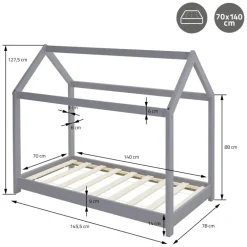 Kinderbett Hausbett 70x140 cm Hellgrau aus Kiefernholz Holzbett mit Dach und Lattenrost ML-Design
