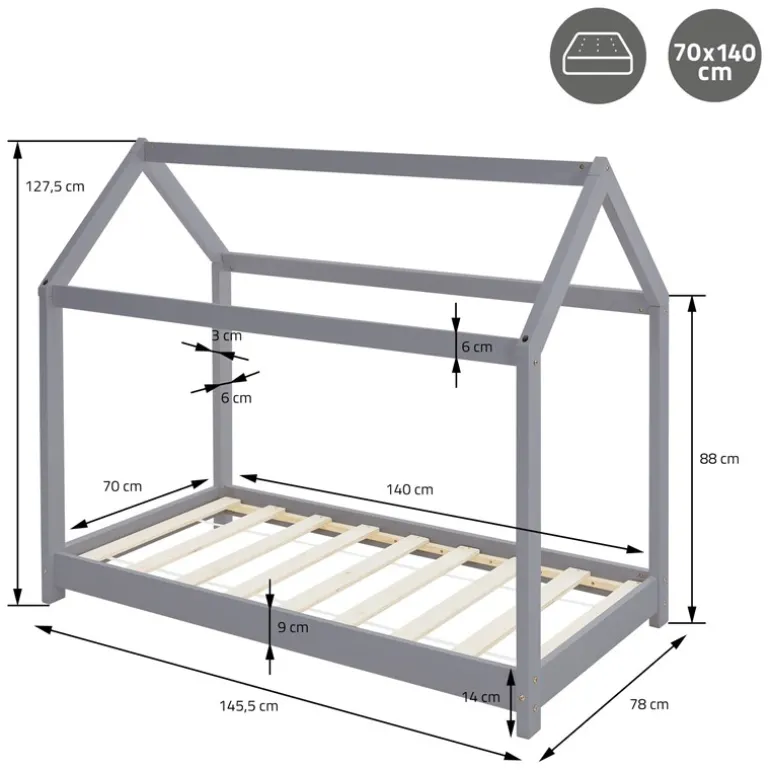 Kinderbett Hausbett 70x140 cm Hellgrau aus Kiefernholz Holzbett mit Dach und Lattenrost ML-Design