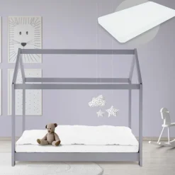 Kinderbett Hausbett 70x140 cm Hellgrau aus Kiefernholz inkl. Matratze H-10cm Holzbett mit Dach und Lattenrost ML-Design