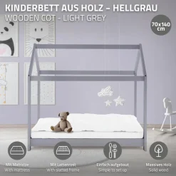 Kinderbett Hausbett 70x140 cm Hellgrau aus Kiefernholz inkl. Matratze H-10cm Holzbett mit Dach und Lattenrost ML-Design