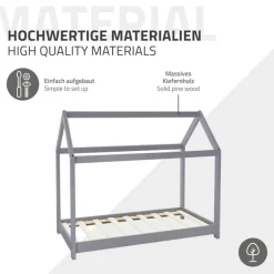 Kinderbett Hausbett 70x140 cm Hellgrau aus Kiefernholz inkl. Matratze H-10cm Holzbett mit Dach und Lattenrost ML-Design