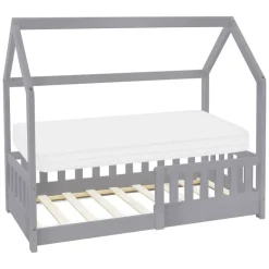 Kinderbett Hausbett 70x140 cm Hellgrau aus Kiefernholz inkl. Matratze H-10cm Rausfallschutz Dach und Lattenrost ML-Design