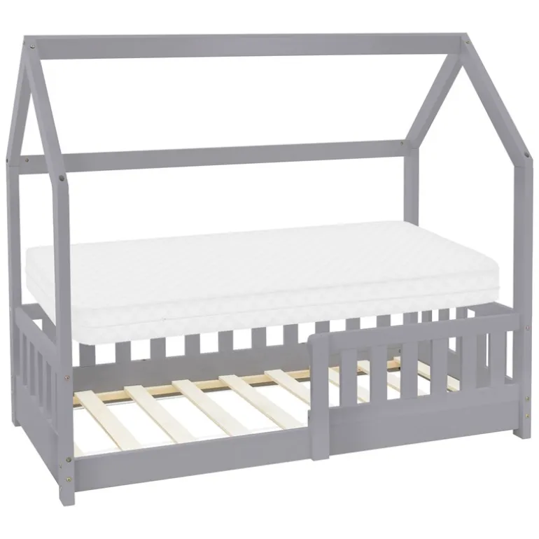 Kinderbett Hausbett 70x140 cm Hellgrau aus Kiefernholz inkl. Matratze H-10cm Rausfallschutz Dach und Lattenrost ML-Design
