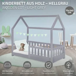 Kinderbett Hausbett 70x140 cm Hellgrau aus Kiefernholz inkl. Matratze H-10cm Rausfallschutz Dach und Lattenrost ML-Design