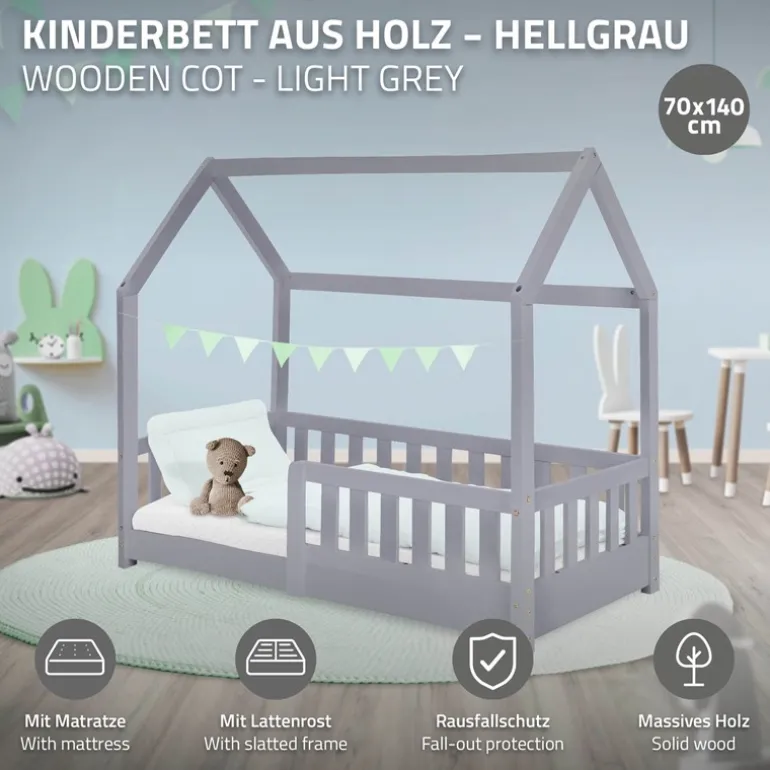 Kinderbett Hausbett 70x140 cm Hellgrau aus Kiefernholz inkl. Matratze H-10cm Rausfallschutz Dach und Lattenrost ML-Design