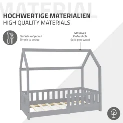 Kinderbett Hausbett 70x140 cm Hellgrau aus Kiefernholz inkl. Matratze H-10cm Rausfallschutz Dach und Lattenrost ML-Design